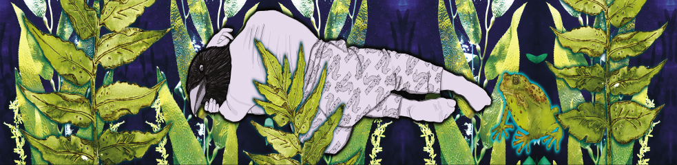 Corneille, grenouille et plantes aquatiques