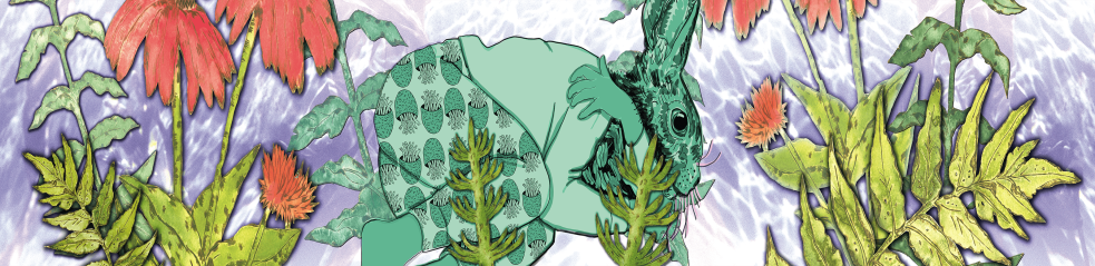 Lièvre et fleurs rouges